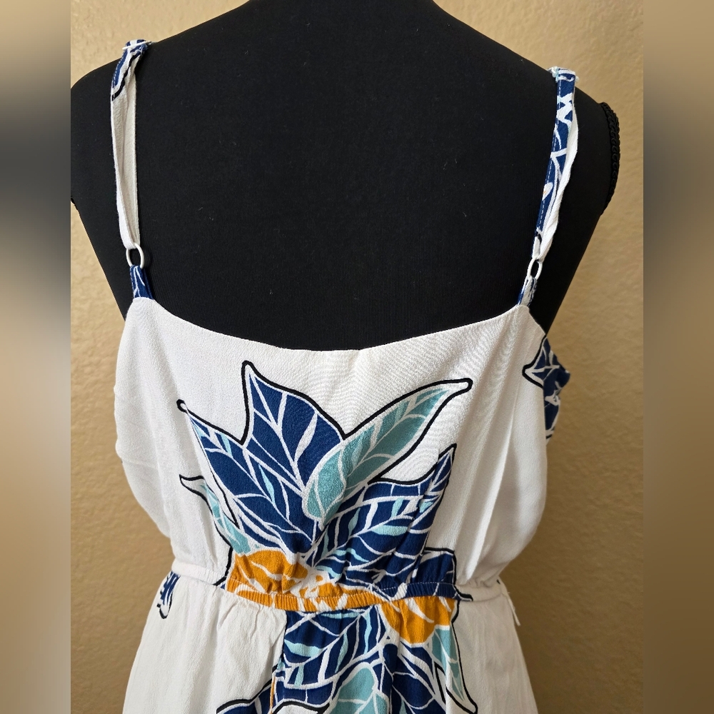 * Nine West Scarf Printed Wrap Dress. White Floral Maxi, Navy Mustard Accent LG - Picture 6 of 11